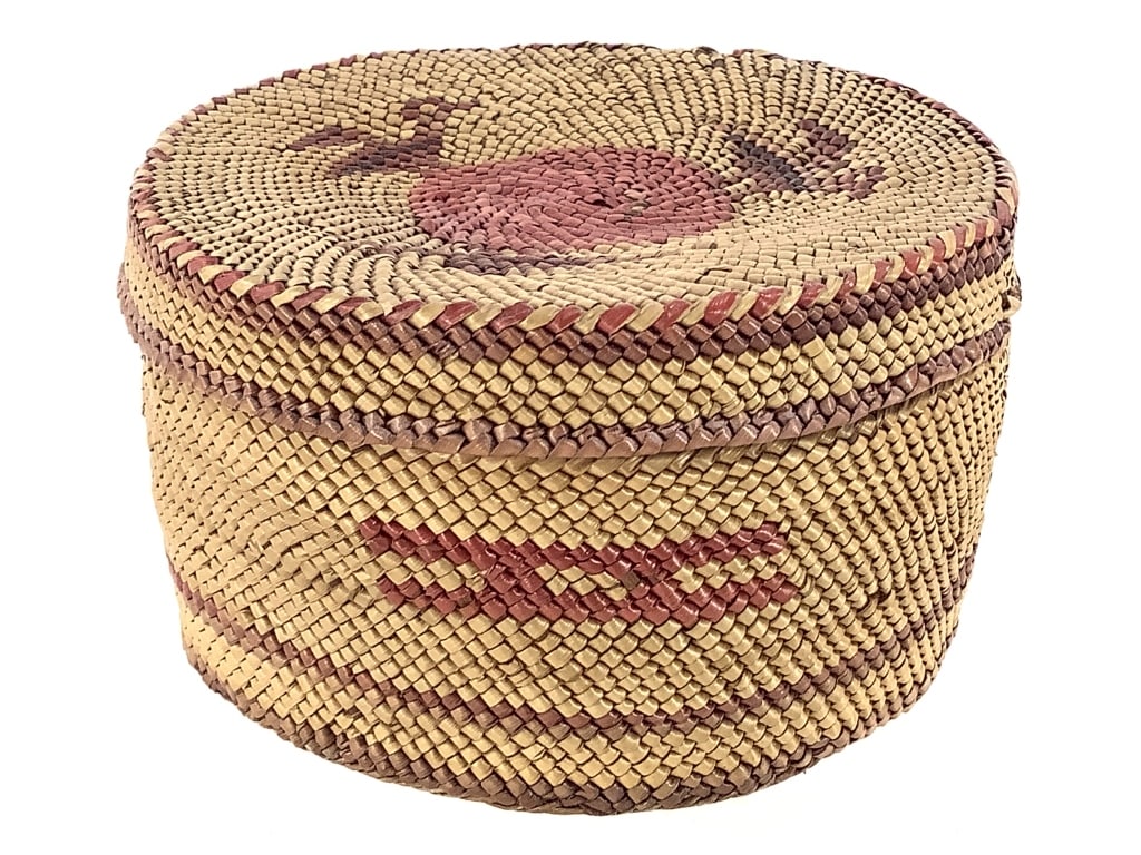 Polychrome Coiled & Plaited Lidded Basket: 4"W x 2 1/2"H. Mixed-technique. Overall structurally sound, tight coiling. Minor fraying to some areas. Provenance: Collection of William and Diane Itter.