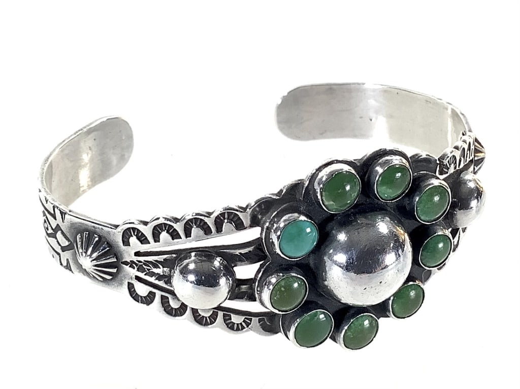 Sterl. Artisan Green & Blue Turquoise Cuff 24.8g: Marked Sterling. 6"L. Stones are secure. Vintage patina.
