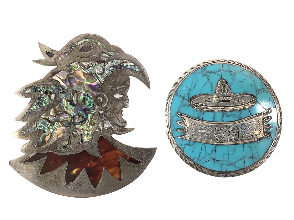 Taxco Warrior & Turquoise Sombrero Brooches 37gTW: Eagle warrior brooch/pendant measures 2 3/4" H. Sombrero brooch/pendant measures 2" dia. Marked. Good condition w/ age related patina. Sombrero is missing pin. Both can be worn as pendants.