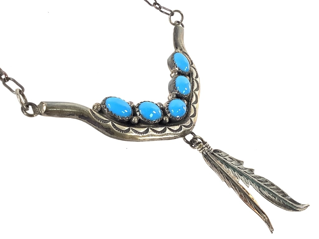Signed Sterling & Turquoise Feather Necklace 16gTW: 17" L. Marked. Good condition w/ age related patina. Signed "N.S.C"
