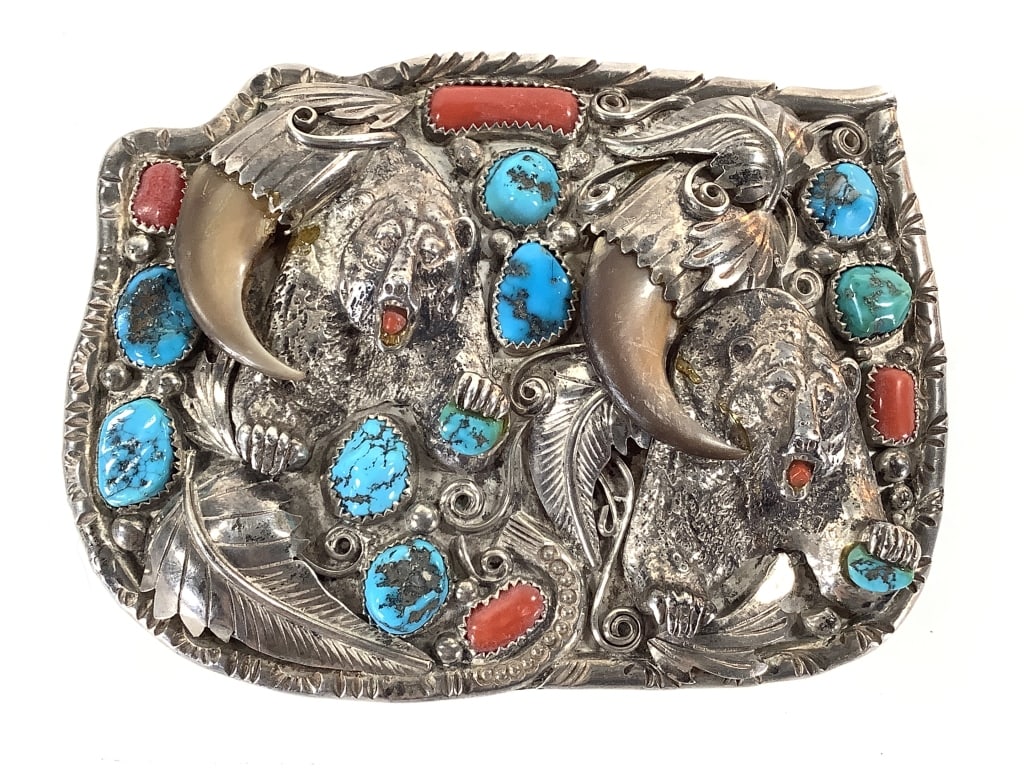 Fine Choctaw Jim Custom Belt Buckle 153g TW: 4" x 3". 'Made special for Norm Heckard my Good Friend "Two Bears" by Choctaw Jim Campbellsburg KY 7 July 1977" verso with artist's stamp mark. Silver with 2 bear images and bear claws, jasper and tur