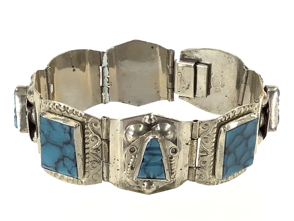 Mexico Sterling Block Turquoise Bracelet 35g TW: 7 1/2" L. 1" H