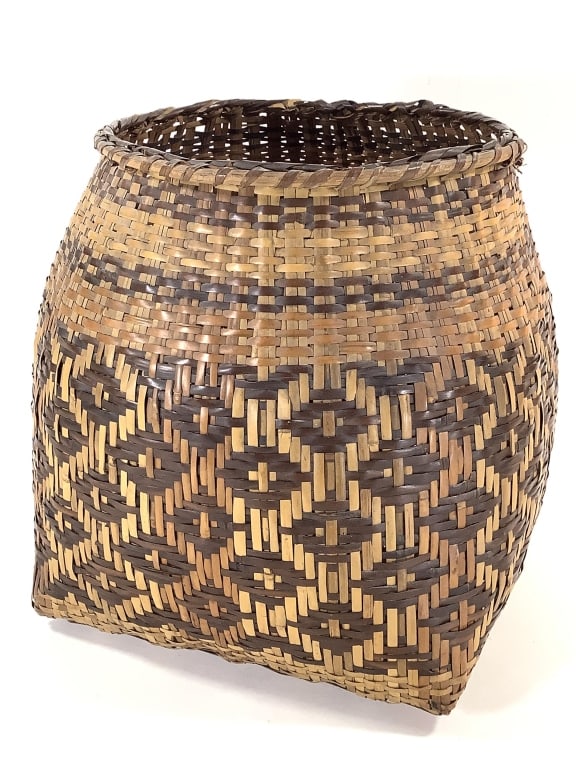 Lg Cherokee River Cane Storage Basket: 12"H x 10"W. Overall intact and sturdy. Minor breakage to several areas, expected wear and aging.