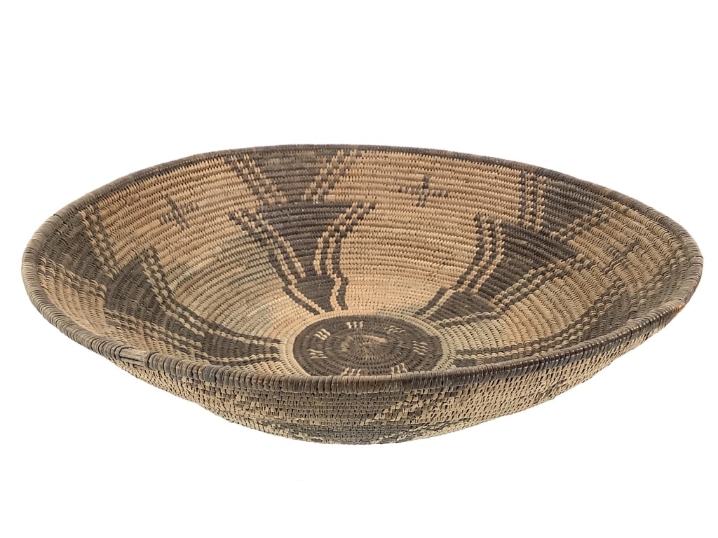 Southwest Style Geometric Coiled Basket Bowl: 14 1/2"W x 3 1/4"H. Overall sturdy and intact, minor fraying. Small area along rim is damaged.