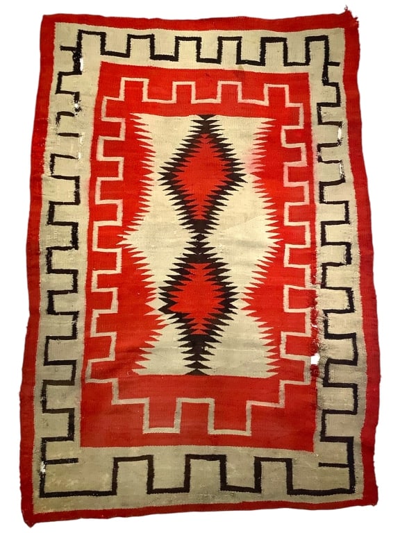 Klagetoh Trading Post Native American Rug: 83 1/2" x 57" w significant damage in some areas. Provenance: William and Diane Itter collection.