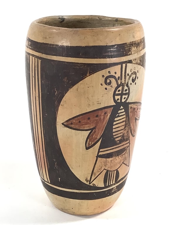 Hopi Polychrome Vase w/ Butterfly Kachina Motif: 6"H x 3 1/2"W. Shows expected paint loss, wear, and surface cracking. Interior walls show heavier wear, though overall structurally intact. Provenance: Collection of William and Diane Itter.