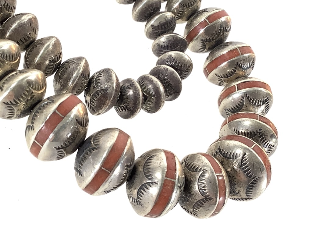 Navajo Pearls, Red Jasper Inset Bead Necklace 83gT: 18" L. Largest bead is 1/4" H. Custom fitting. Unmarked; tested sterling. Good condition w/ age related patina.