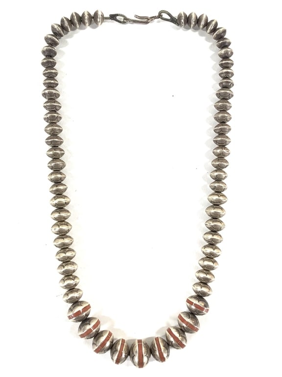 Navajo Pearls, Red Jasper Inset Bead Necklace 83gT - 2