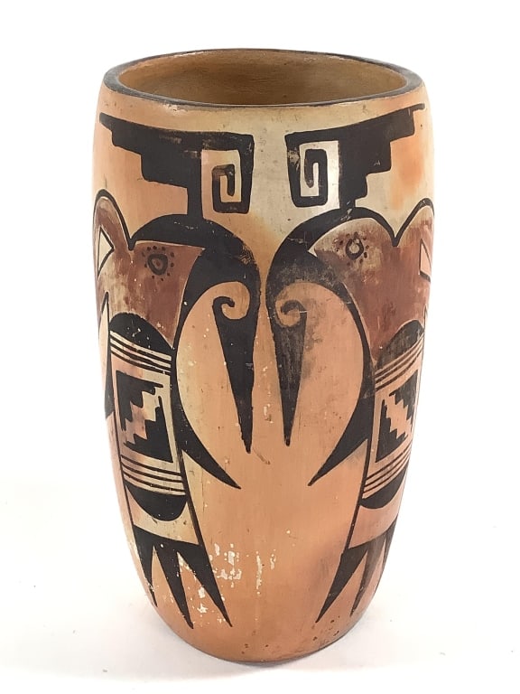 Hopi Polychrome Kachina Motif Pottery Vase: 8 3/4"H x 4"W. Heavy surface wear and paint chipping / loss, overall structurally intact. Provenance: Collection of William and Diane Itter.