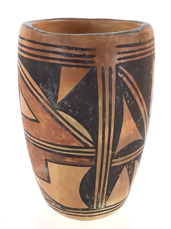 Sm. Geometric Polychrome Pottery Vase: 4 1/2"H x 3"W. Shows paint loss, surface scuffing, and expected wear for age. No signature. Provenance: Collection of William and Diane Itter.