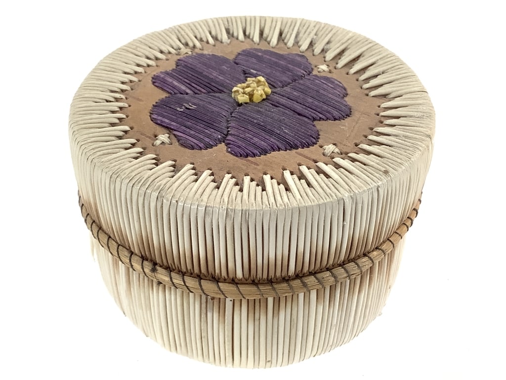 Mi'kmaq Quill Lidded Box w/ Purple Flower Motif (1 of 6)