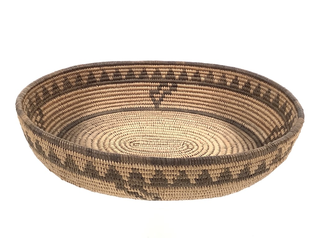 Papago Geometrical Coiled Shallow Basket: 9 1/2"W x 2"D. Tight coiling and good structural integrity overall. Provenance: Collection of William and Diane Itter.