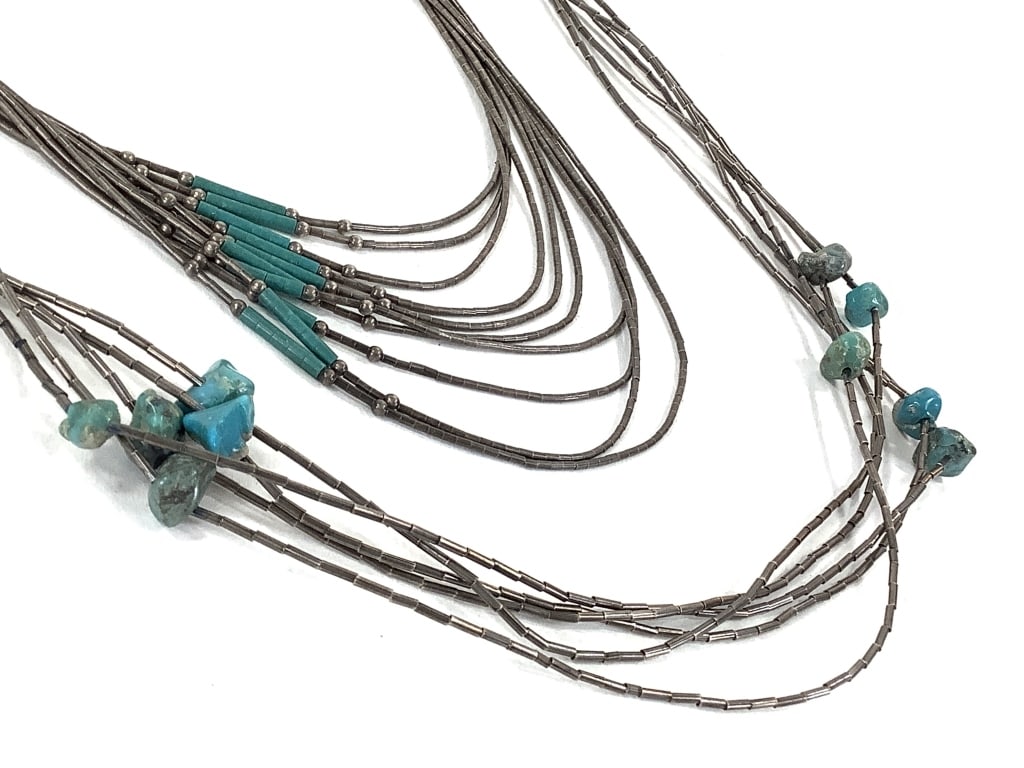 2 Liquid Silver Turquoise Necklaces 43.8g TW: 15" and 24" L