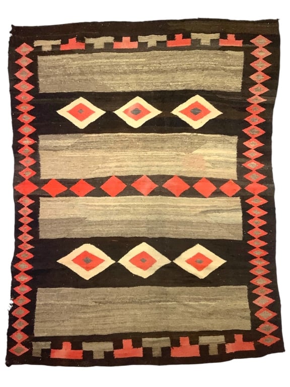 Noa Regional Crystal Mexico Native American Rug: 75" x 59" w natural sheep & red cochneal Beetle dye. Provenance: William and Diane Itter collection.