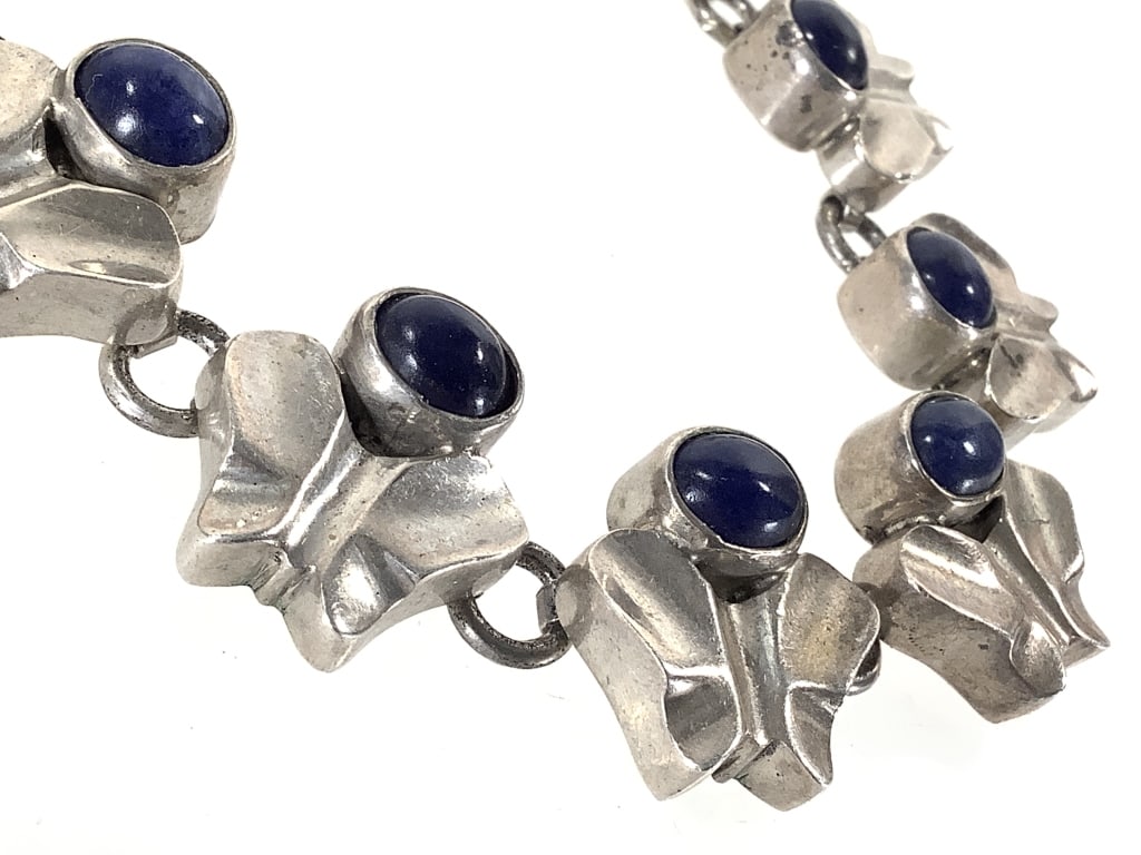Lapis Sterling Butterfly Artist Made Necklace 210g: 17". Marked. Stones are secure. Age related wear.