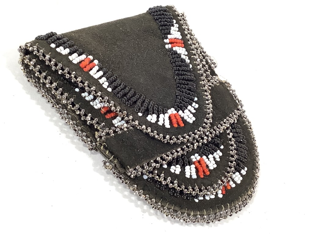 Native American Beaded Double-Flap Pouch: 3 1/2"L x 3 1/2"W. Loose threading and minor bead loss to silver beading along edges. Otherwise beadwork is largely intact. Provenance: Collection of William and Diane Itter.