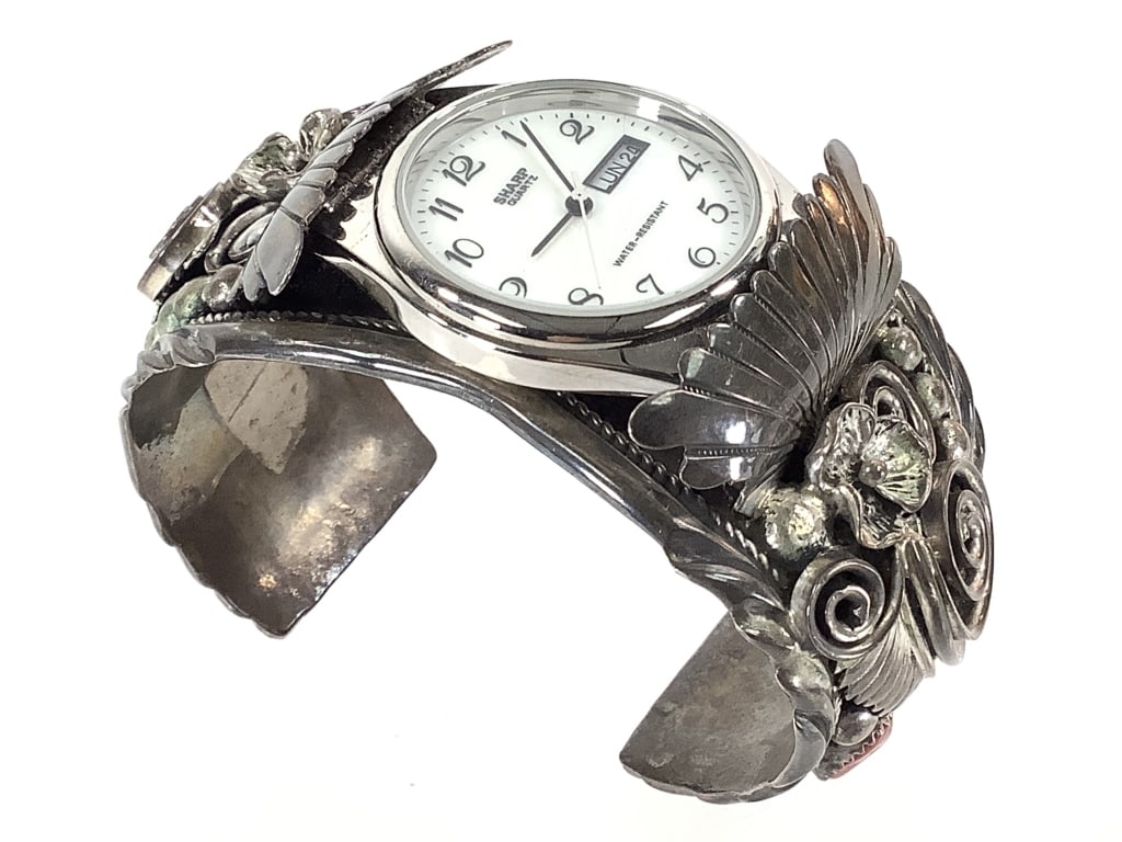 Sterling Coral Turquoise Apachito Cuff Watch: 122 grams total weight with Sharp watch (untested). 1 1/2" H.