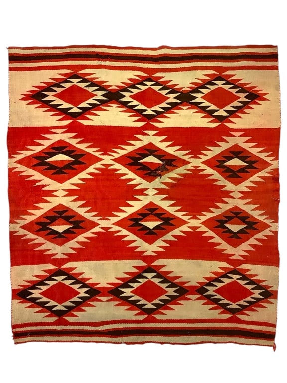 1920s Shin Lee w Lazy Lines Native American Rug: 64 1/2" x 56" w lazy lines & scaled repairs. Provenance: William and Diane Itter collection.