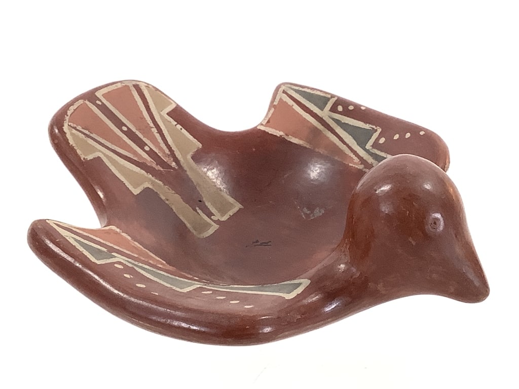 Signed Santa Clara Navajo Polychrome Bird Bowl: 4 1/2"W x 5 1/2"L x 2 1/2"H. Shows expected surface wear and paint loss, consistent with age. Signed on bottom. Provenance: Collection of William and Diane Itter.