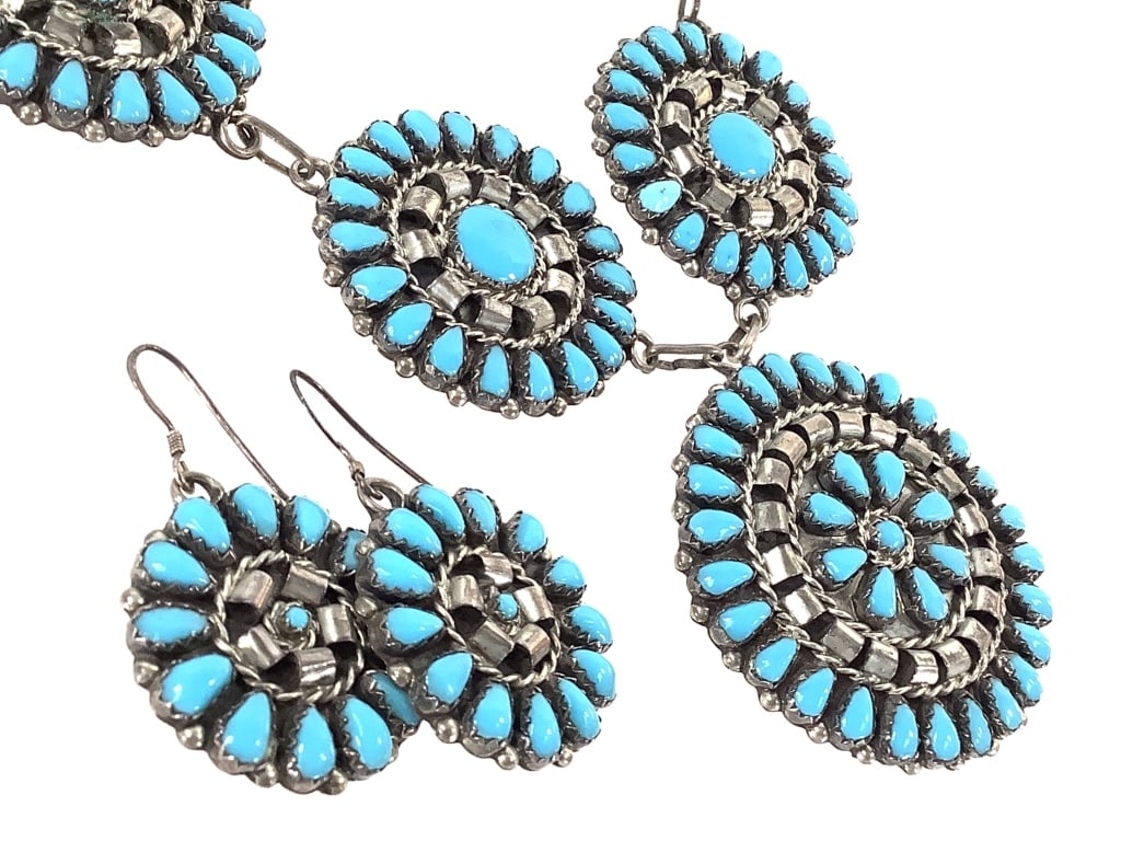 M.B. Sterling Turquoise Cluster Necklace Earrings: 57 grams total weight. 23" L necklace with a 1 3/4" H pendant. Well marked.
