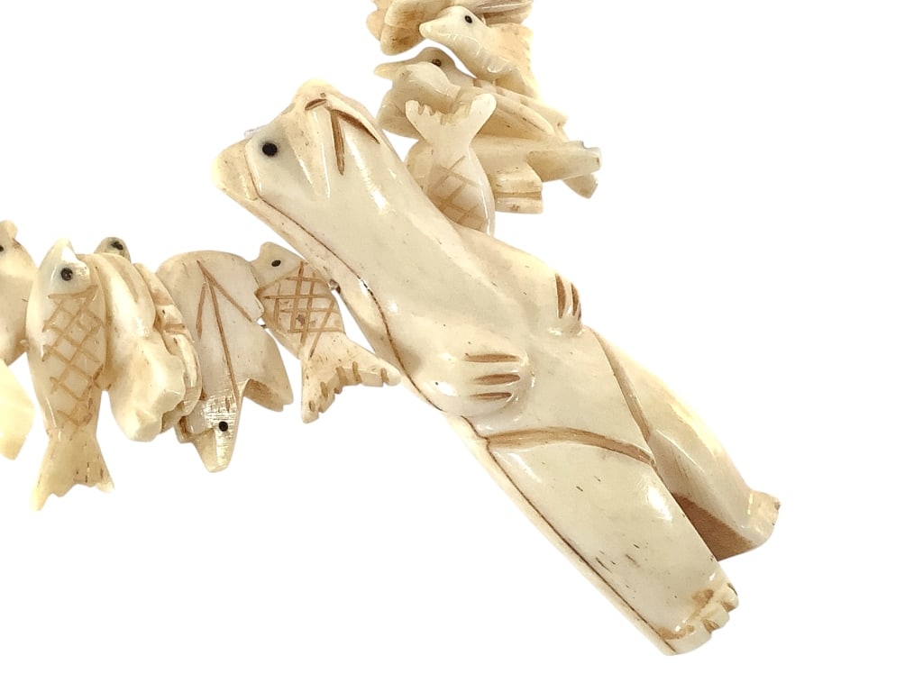 Hand Carved Bone Bear & Fish Fetish Necklace: 33"L. Artist mark over 925 fitting. Good condition.