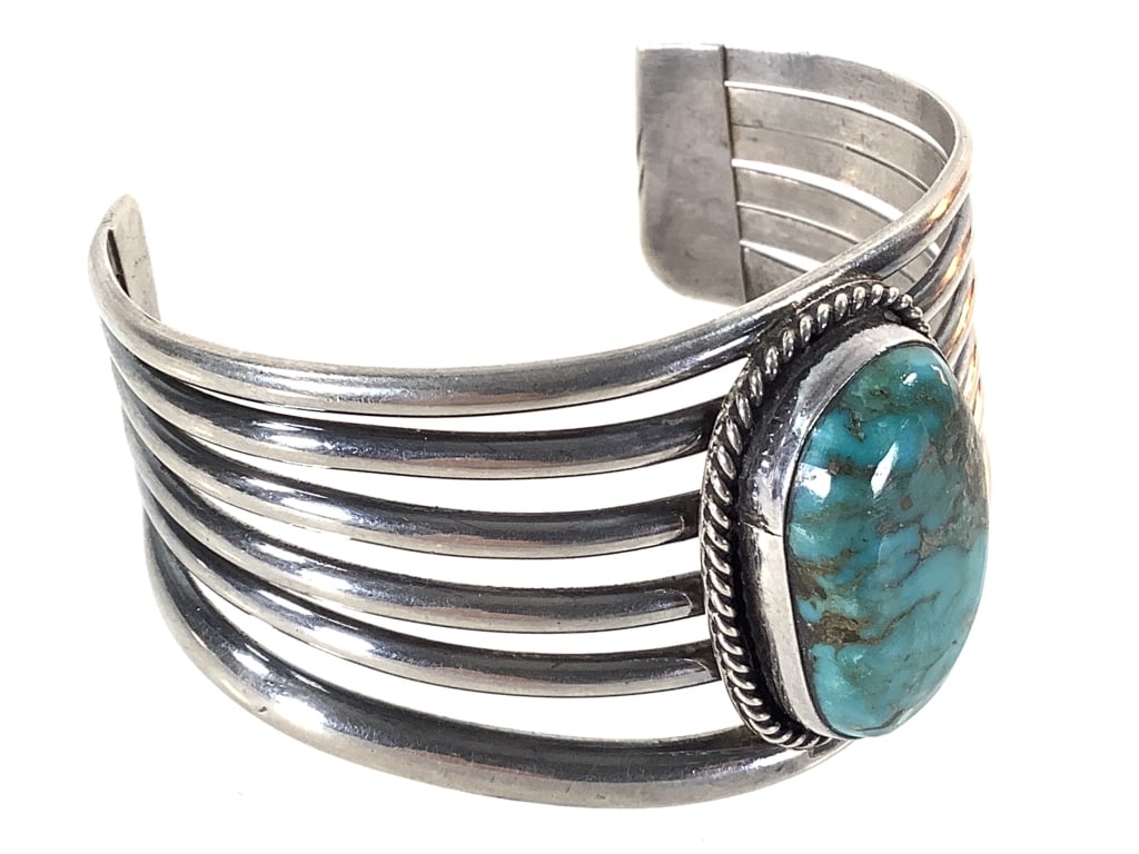 Silver Cuff w Lg Turquoise Cabochon 54gTW: 6" L. Unmarked; tested sterling. Stone is secure; patina present.