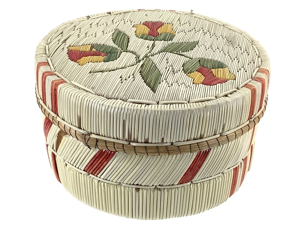 Birchbark & Quill Floral Polychrome Lidded Box: 6"W x 3 1/2"H. Quill loss / breakage to several areas. Loose threading on bottom and along lid rim. Minor warping to lid. Overall intact. Provenance: Collection of William and Diane Itter.