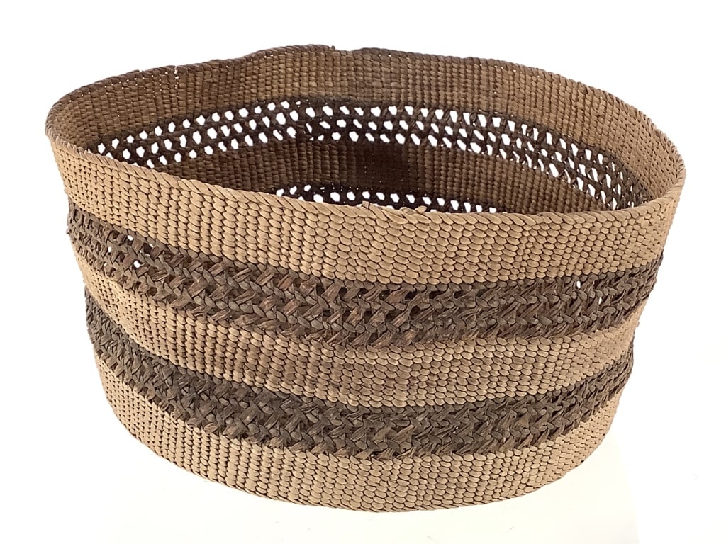Finely Twined Double Banded Basket: 6"W x 3 1/4"D. Flexible, slightly warped. Fine twining, largely intact. One small area of breakage along first band. Provenance: Collection of William and Diane Itter.