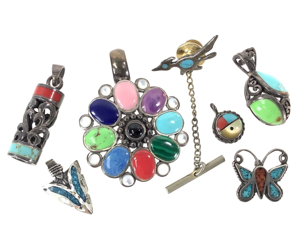 Multi-Stone Sterling Pendants Pin 29.0g TW: Not all are marked. Largest pendant is 1 3/4" H