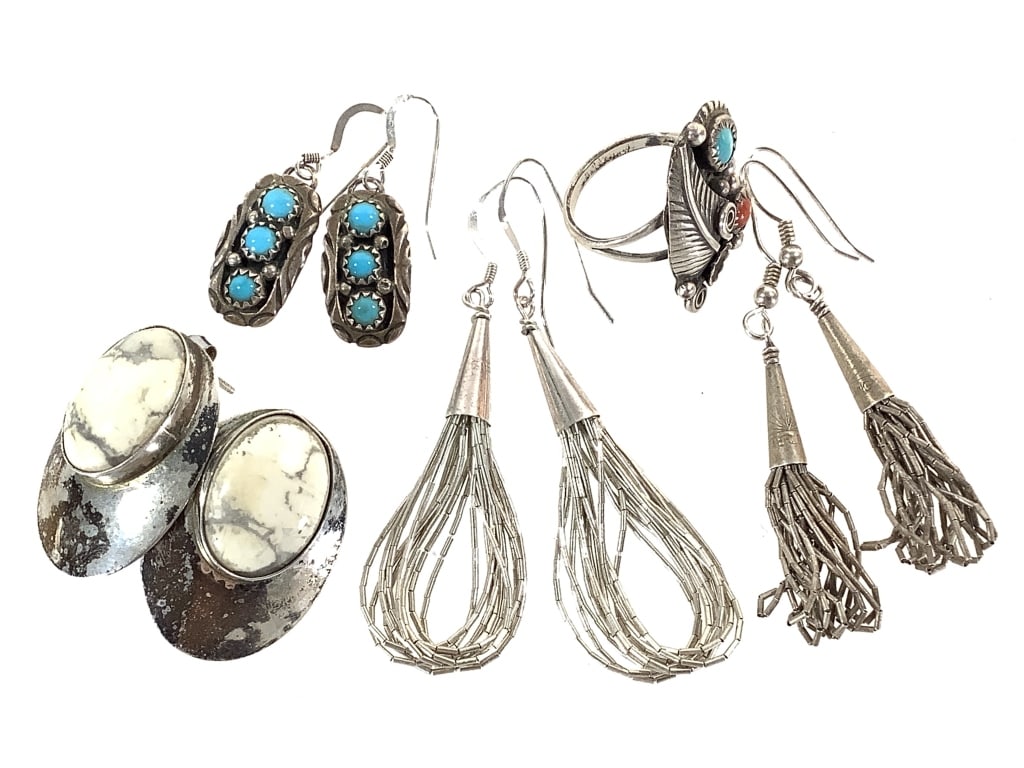 4 Pr Earrings & 1 Ring Sterling Artist Made 24g TW: Post and hook back earrings. Ring sz. 5.5. Age related patina.