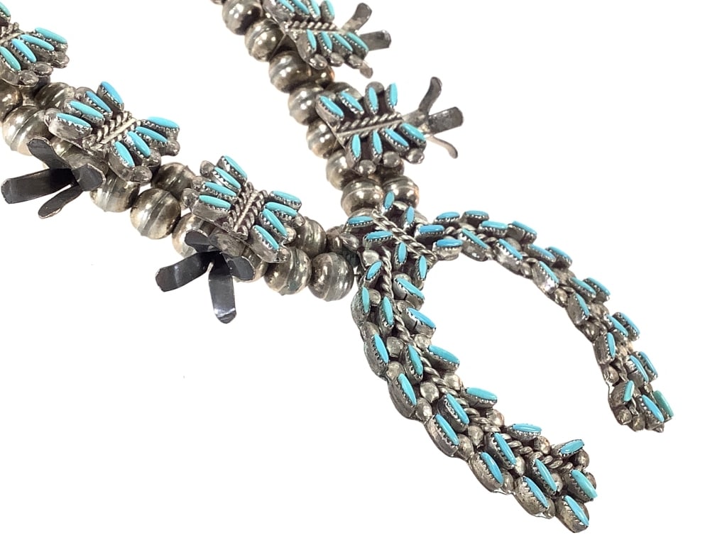 Zuni Squash Blossom Needlepoint Necklace: 22" L with 2" H pendant. 60 grams total weight.