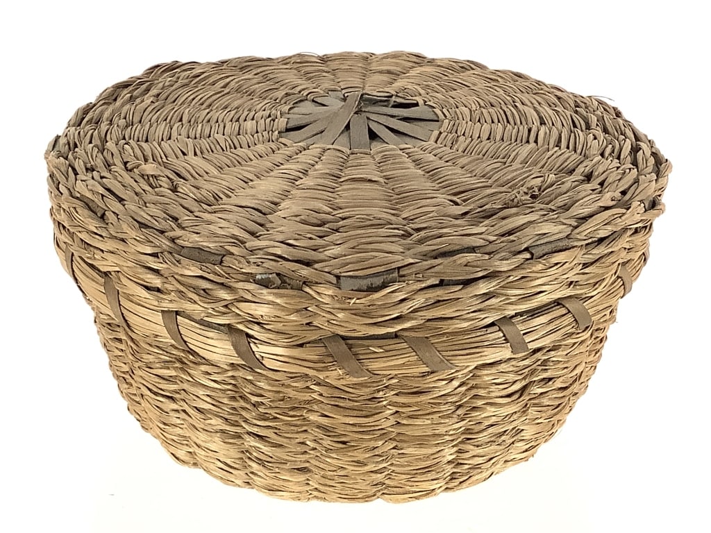 Southwestern Coiled Grass Basket w/ Lid: 5"W x 2 1/2"H. Minor fraying and expected wear throughout, breakage on center part of lid. Overall structurally sound. Provenance: Collection of William and Diane Itter.