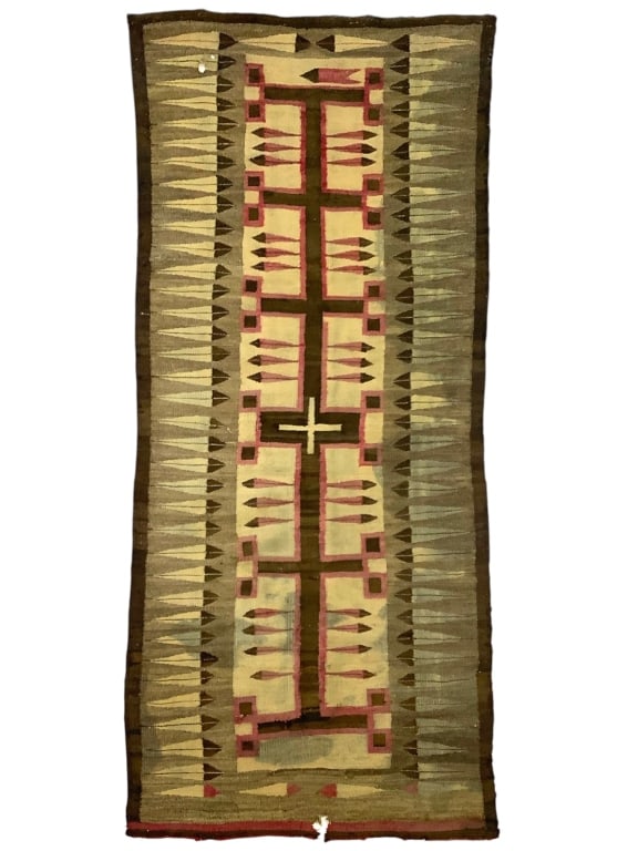 1910s Crystal Feather Native American Rug: 84 1/2" x 39" w affixed hanging rod. Provenance: William and Diane Itter collection.