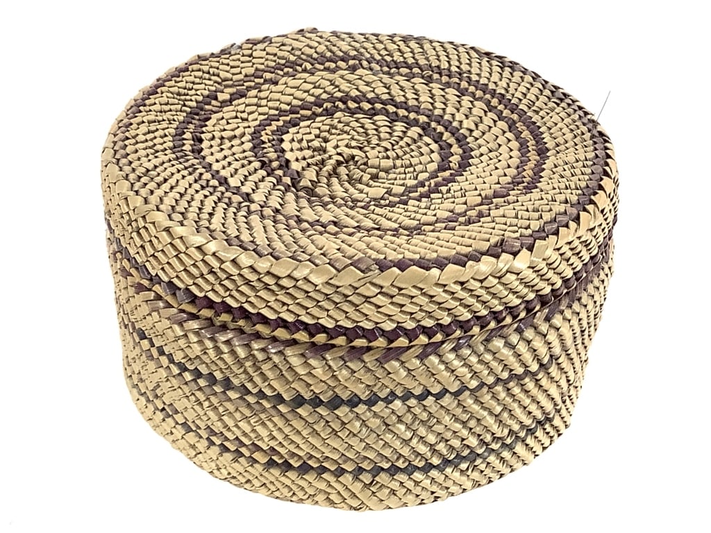 Finely Twined Polychrome Banded Basket w/ Lid: 2 3/4"W x 1 1/2"H. Flexible material, shows minor warping and fraying. Weave is largely intact, overall good condition. Provenance: Collection of William and Diane Itter.