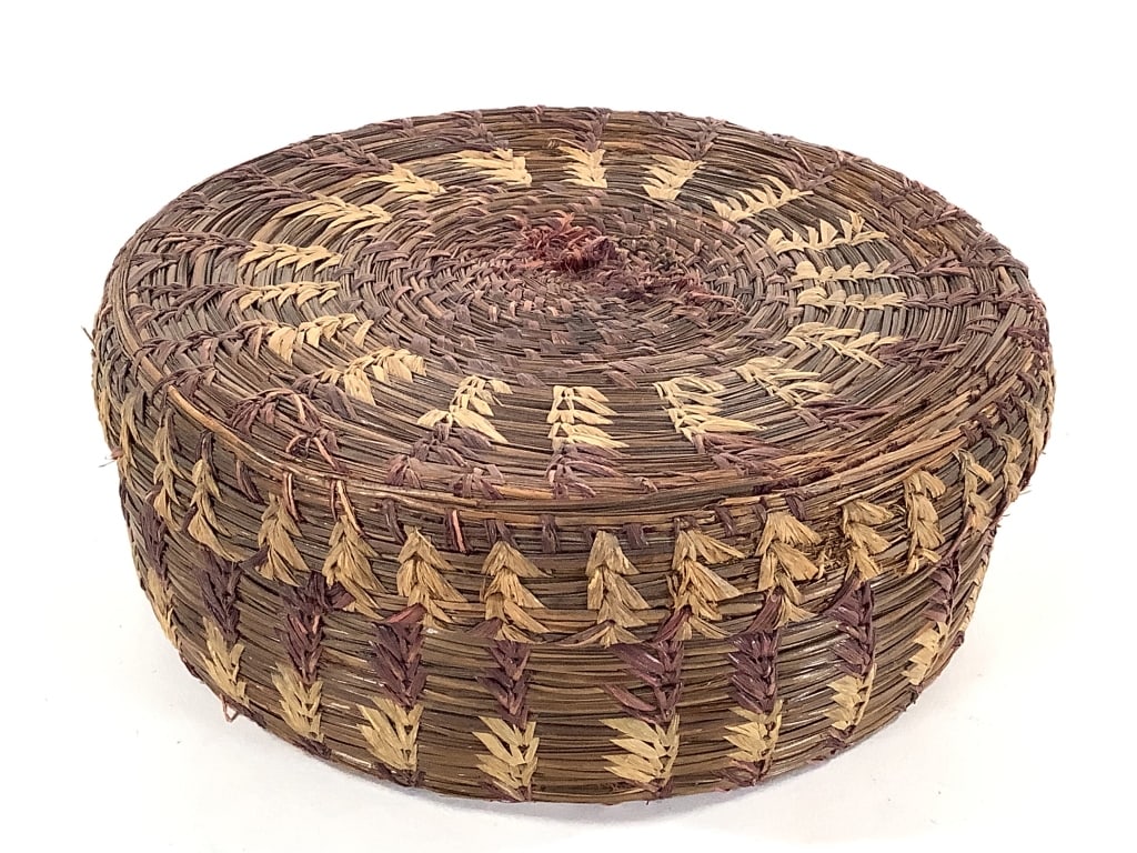 Coiled Polychrome Pine Needle Lidded Basket (1 of 7)
