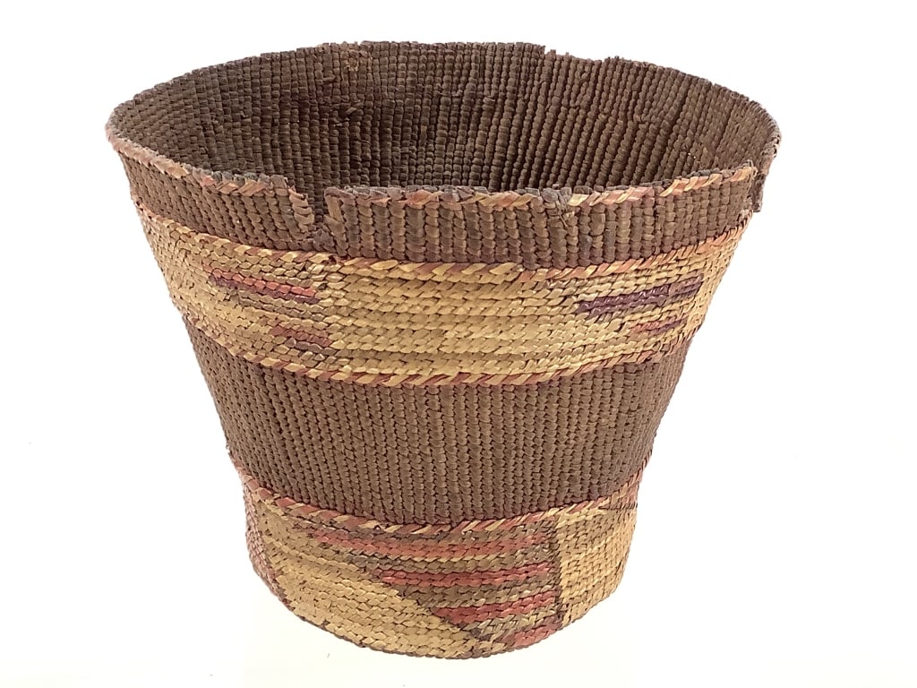 Finely Twined Polychrome Basket: 5 1/2"W x 4 1/4"H. Large section of rim is damaged, lower body overall structurally intact. Minor fraying. Provenance: Collection of William and Diane Itter.
