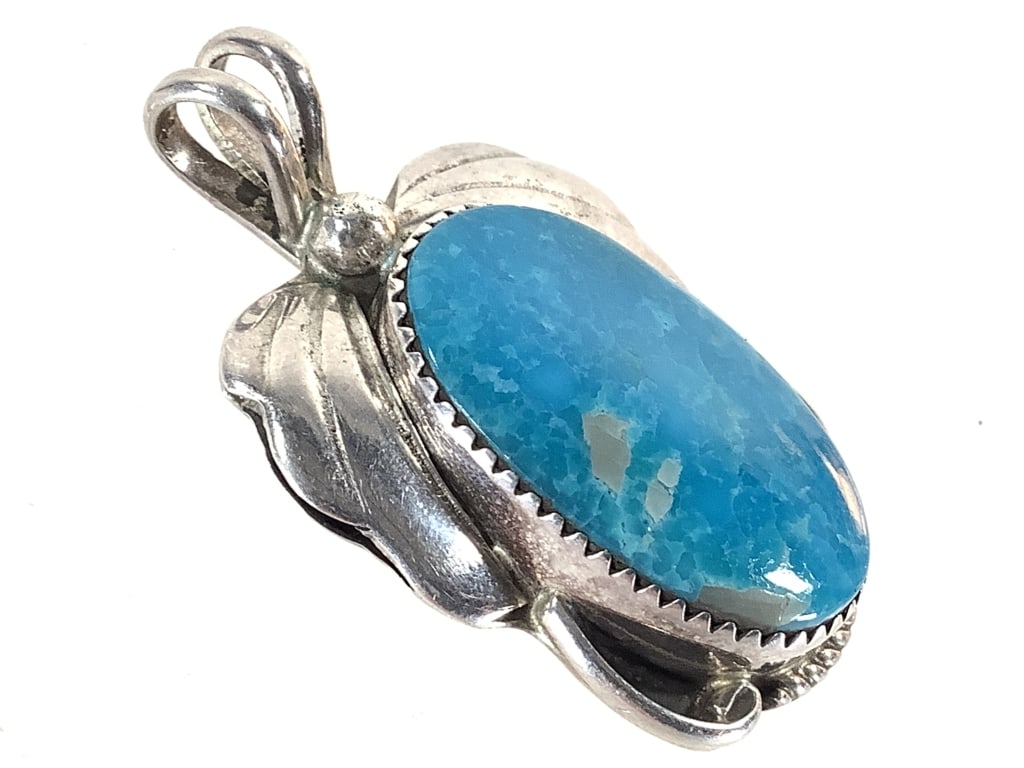HT Sterling Mark Pendant w Turquoise Cabochon 7.8g: 2 1/2" H x 1" W. Stone is secure w/out cracks. Good condition.