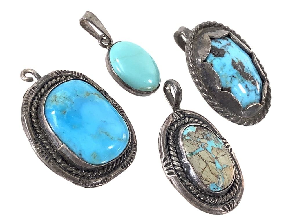 4 Turquoise Pendants 21.6g TW: One is marked 925. Others are unmarked. 1/2" - 1 1/2" H