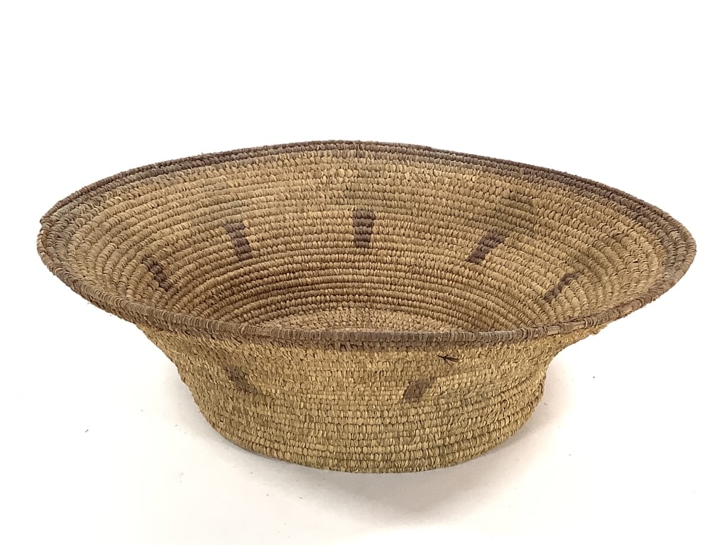 Coiled Basket Bowl w/ Rectangle Pattern: 11"W x 3"D. Minor fraying throughout. Overall structurally intact, good condition. Slightly flexible. Provenance: Collection of William and Diane Itter.