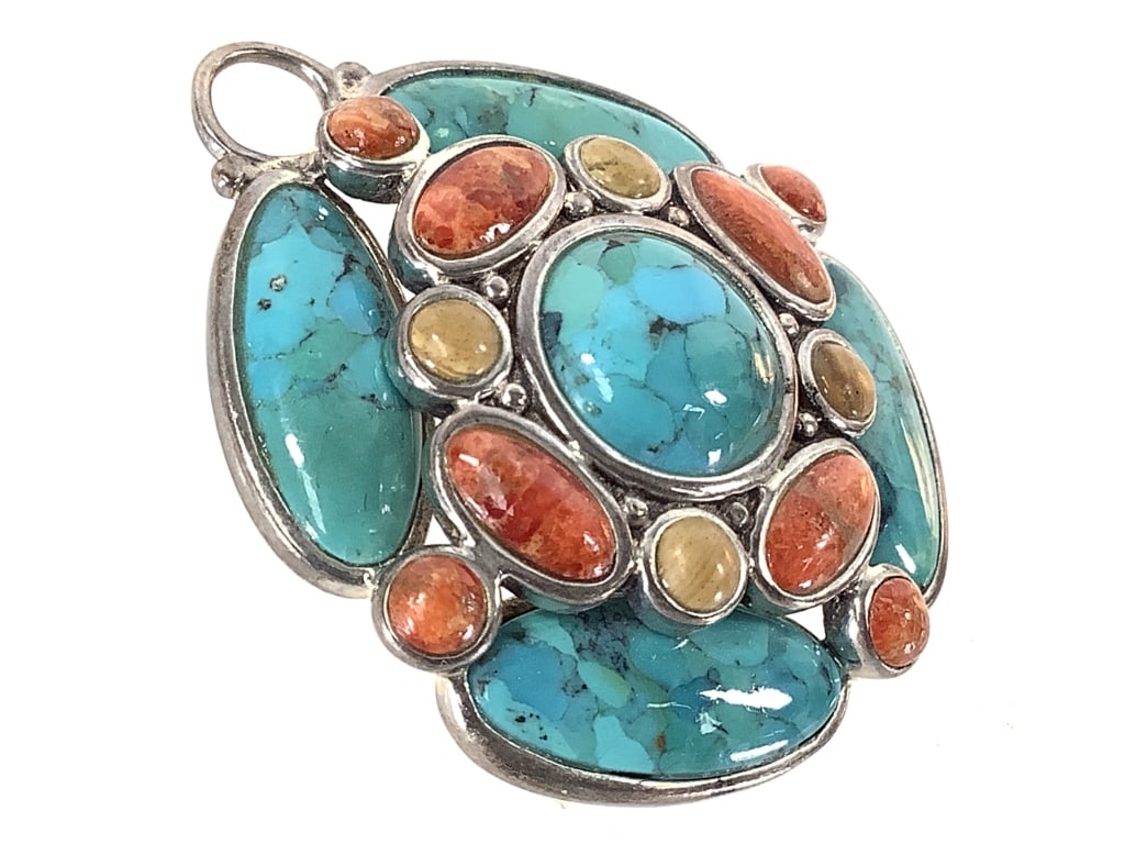 Thailand Sterling Turquoise Coral Pendant 18.0g TW: 1 3/4" H