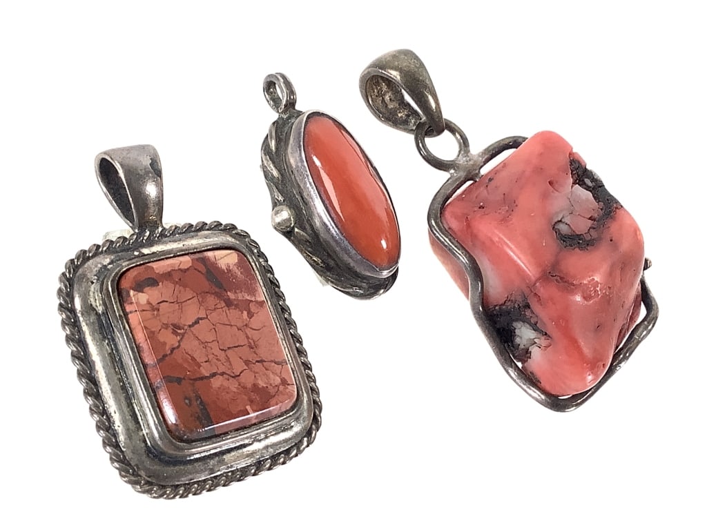 3 Pendants Coral Spiney Oyster Sterling: 20.6 grams total weight. Up to 1 1/2" H