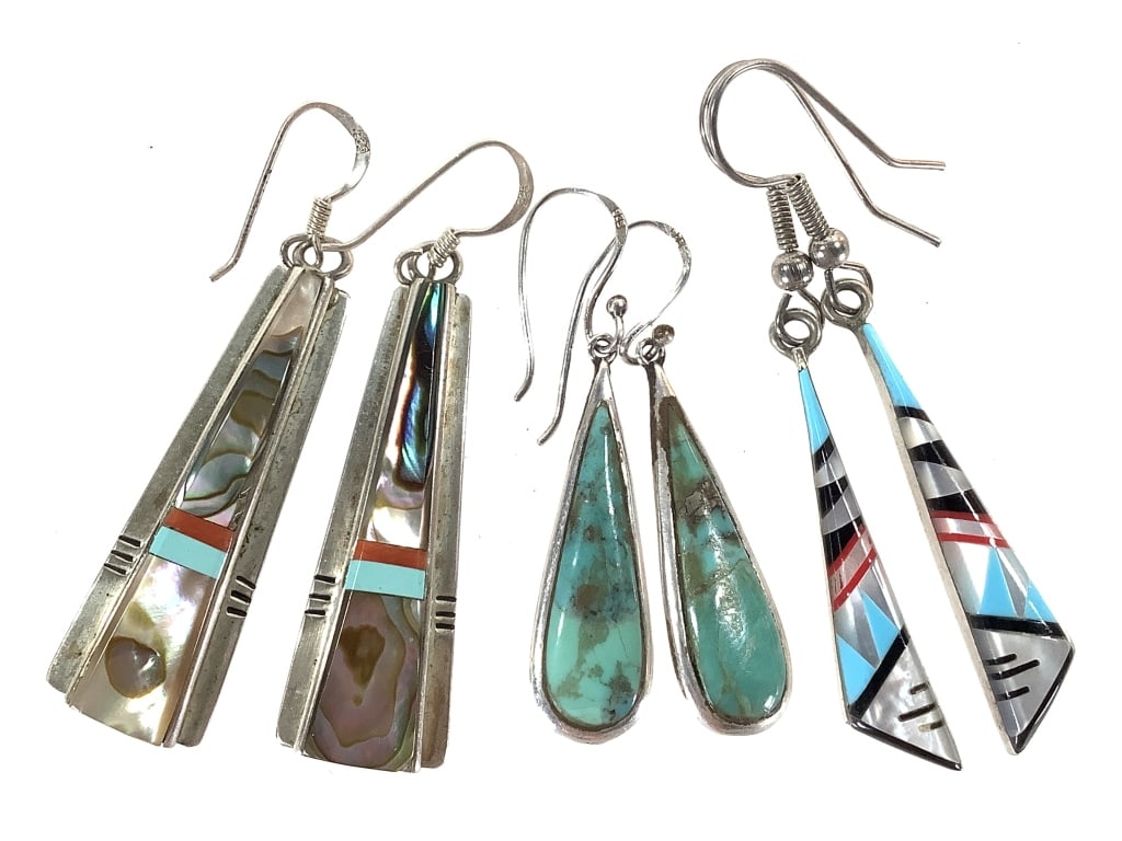 3 Pr Sterling Stone & Shell Earrings 15.7g TW: Longest earring is 3". Artist signed. Earrings feature turquoise cabochons, abalone, coral, onyx, and mother of pearl. Good condition w/ age related patina.