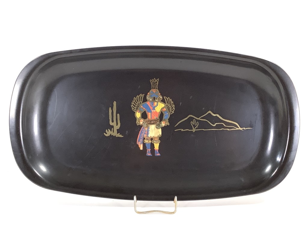 Couroc Hummingbird Kachina Inlay Phenolic Tray: 12 1/2"L x 6 1/2"W. Couroc sticker on bottom.