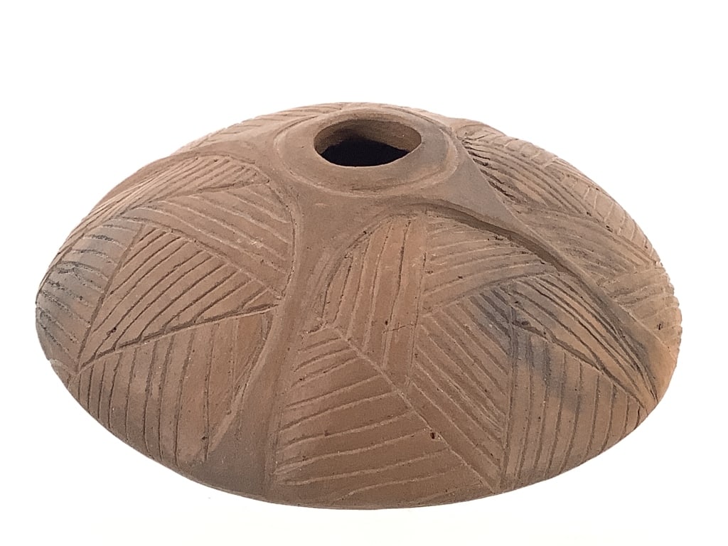 Signed Etched Terracotta Seed Pot '08: 5"W x 2 1/2"D. Signed on bottom. No chipping or damage, overall very good condition.