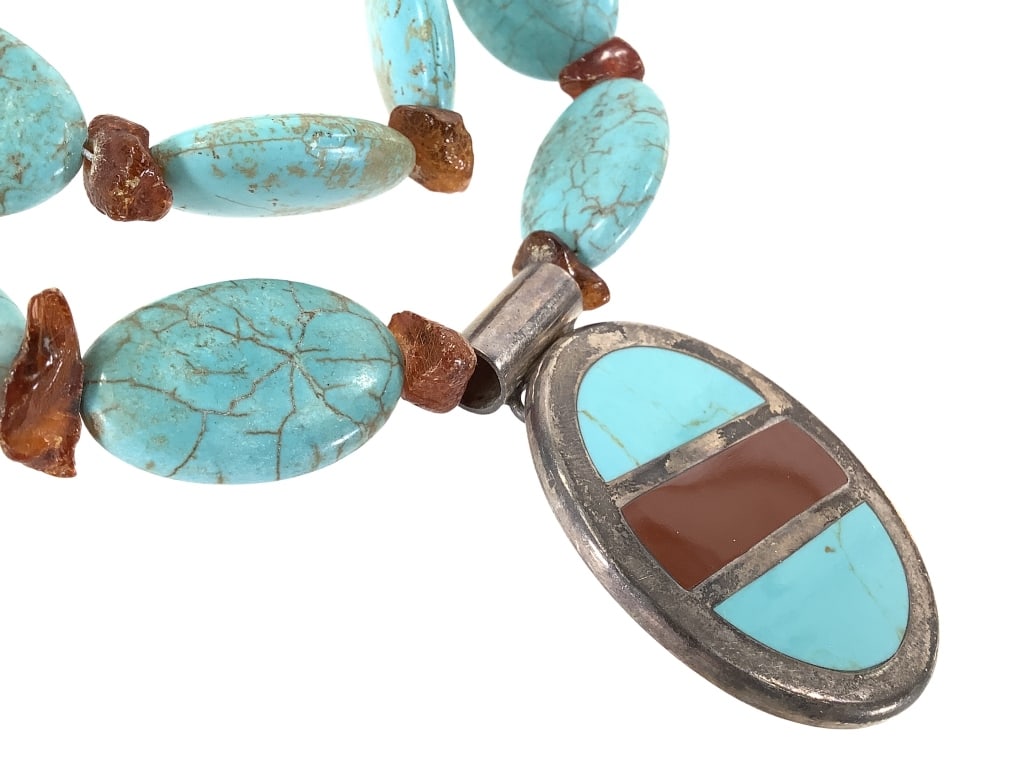 Turquoise Amber Sterling Necklace: 22" L with 2 1/4" H pendant.