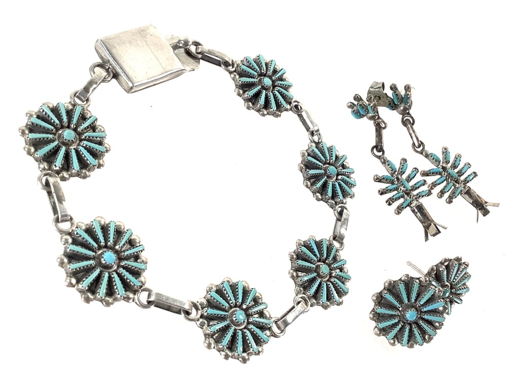 Turquoise & Silver Zuni Blossom Set 16.3g TW: 7 1/2" L. Artist signed "ANP Zuni". Unmarked; tested sterling. Stones are secure; good condition.