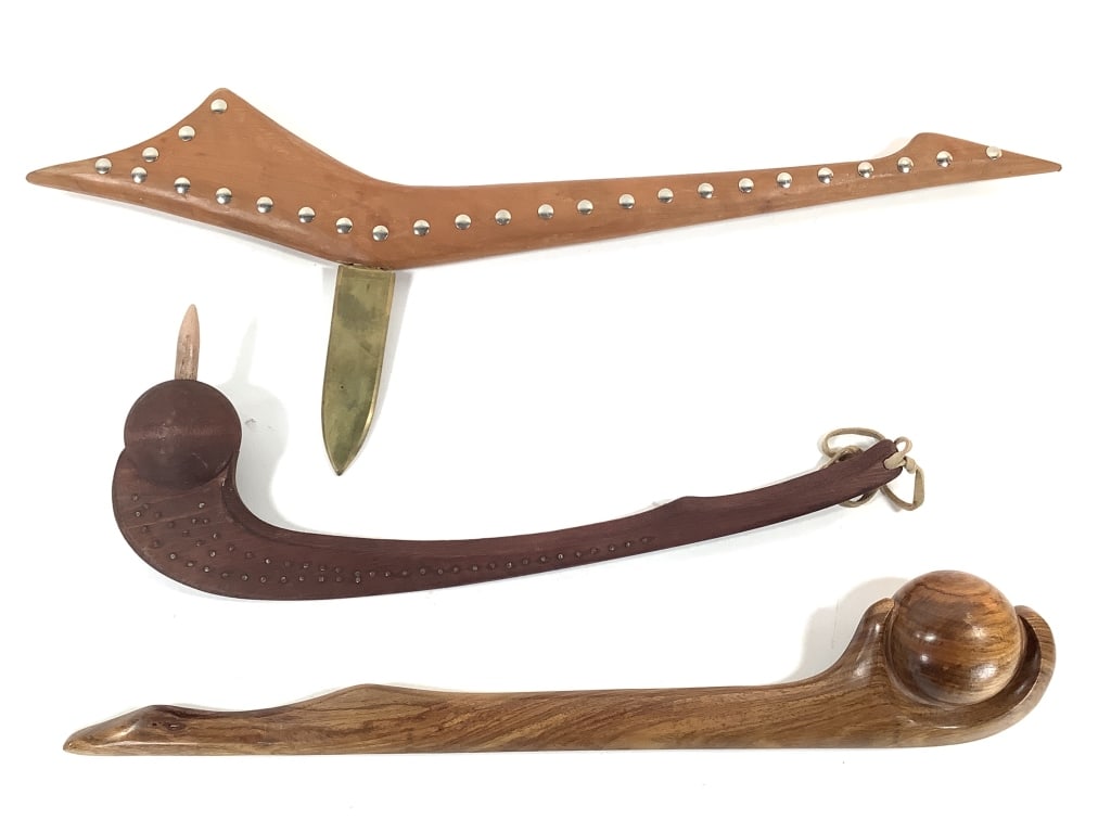 Gunstock & Ball Headed War Clubs: 3 total. Gunstock war club 25 1/2"L, blade 5 1/2"L. From the collection of IU Emeritus Professor John Johnson. Please Note: The artifacts in this auction have not been professionally authenticated. It