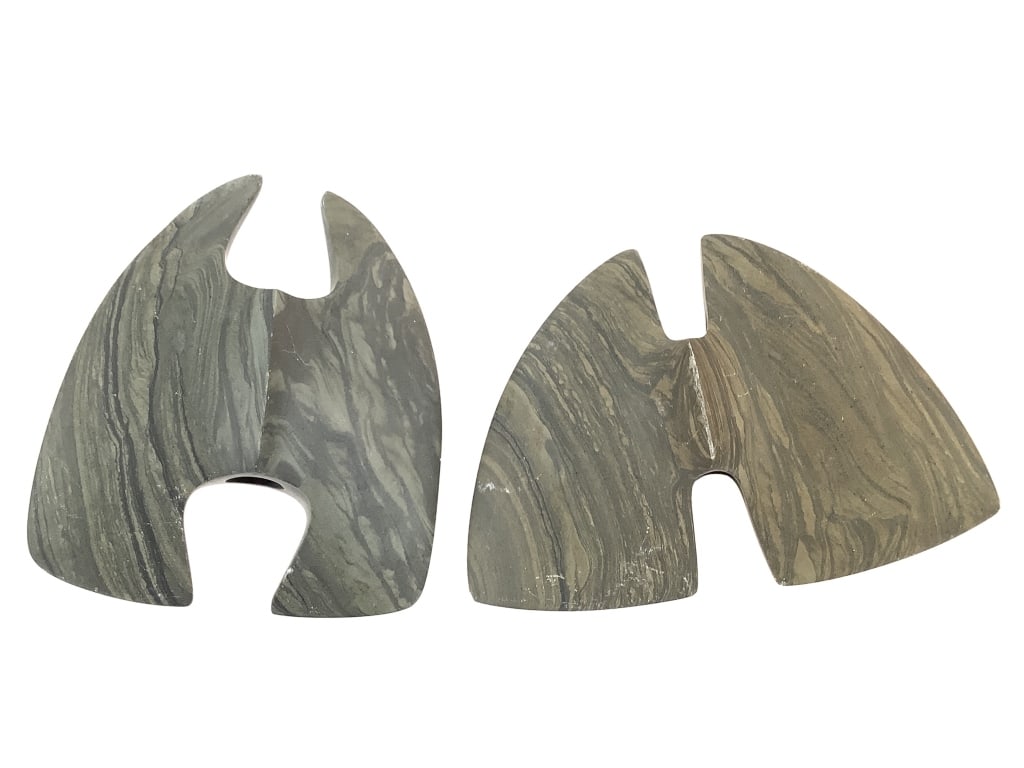 Atlatl Weight Reproductions: Larger of the two 5 1/2"L x 4"W. Minor surface scuffing. From the collection of IU Emeritus Professor John Johnson. Please Note: The artifacts in this auction have not been professionally
