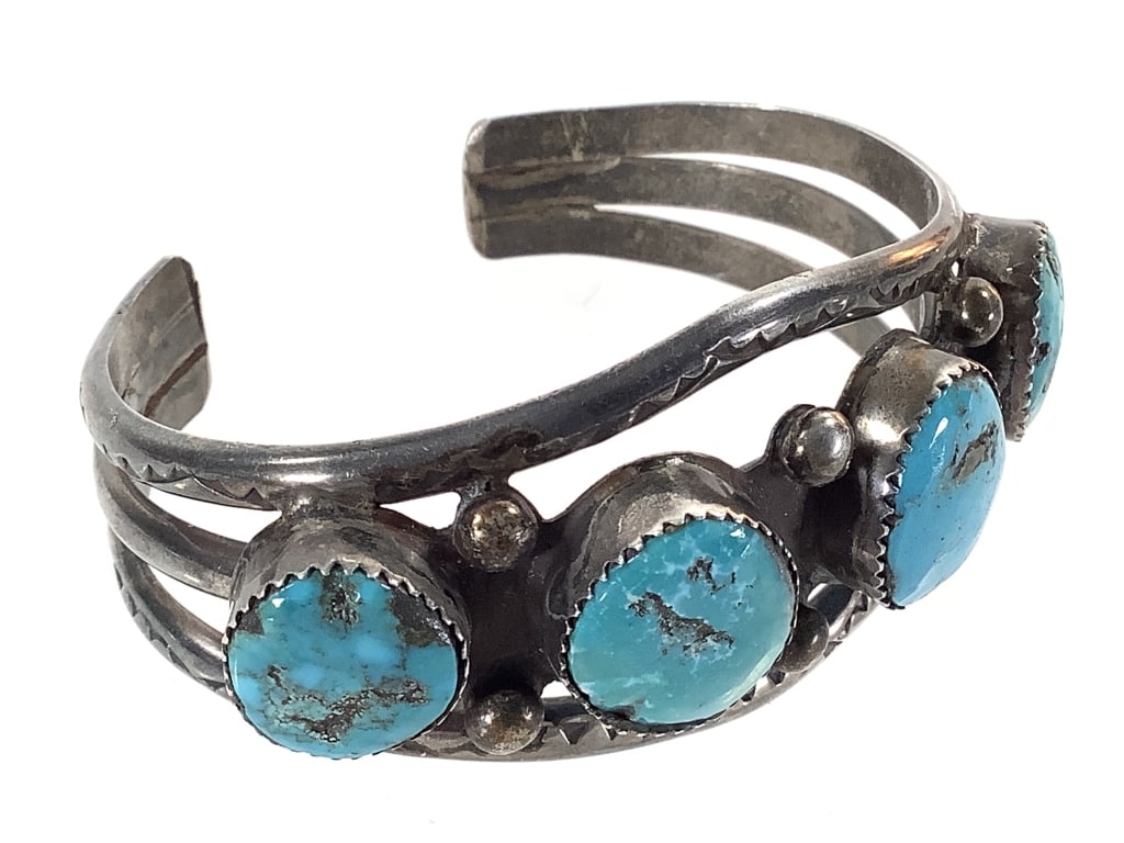 Silver & Turquoise Chunk Cuff 43.9gTW: 6 1/2" L. Unmarked; tested sterling. Age related patina.