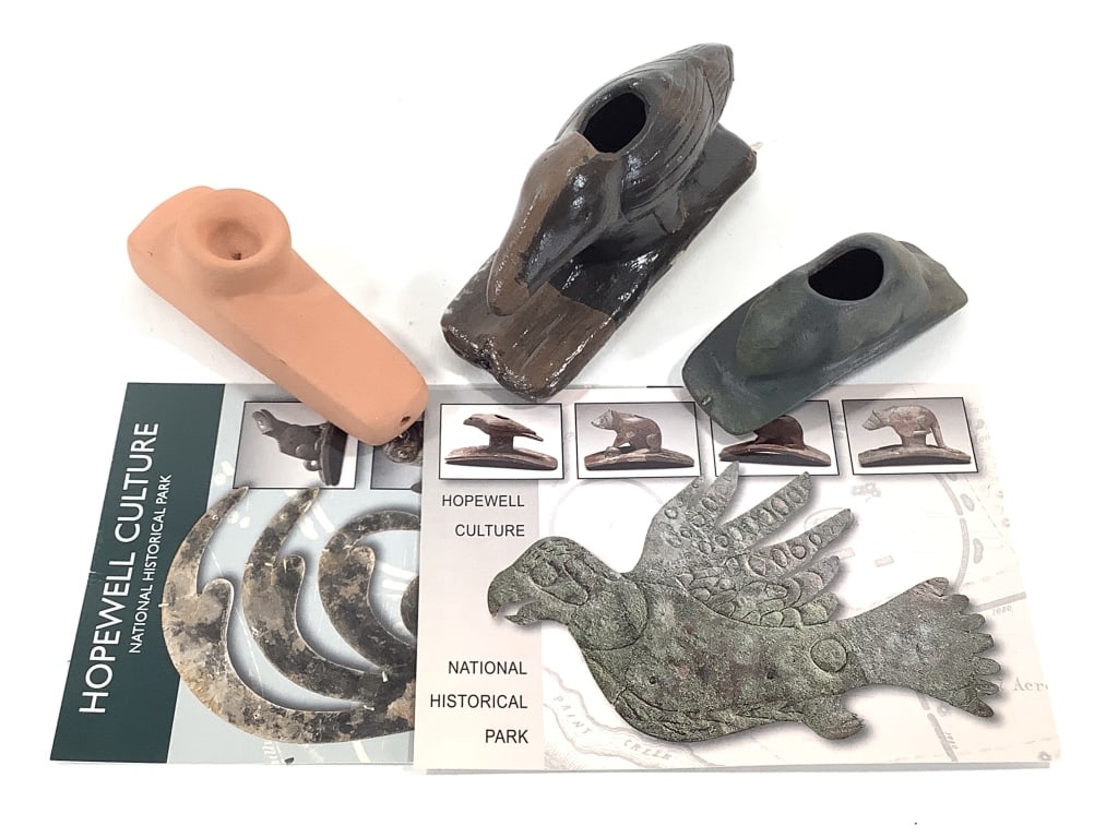 Hopewell Pottery Reproductions & Postcards: Largest piece 4 1/2"L x 2 1/2"H. From the collection of IU Emeritus Professor John Johnson. Please Note: The artifacts in this auction have not been professionally authenticated. Items may include